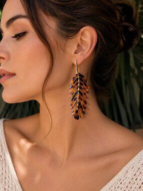 14K Gold Plated Tortoise Shell Dangling Leaf Earrings | Boho Luxe Euro Summer